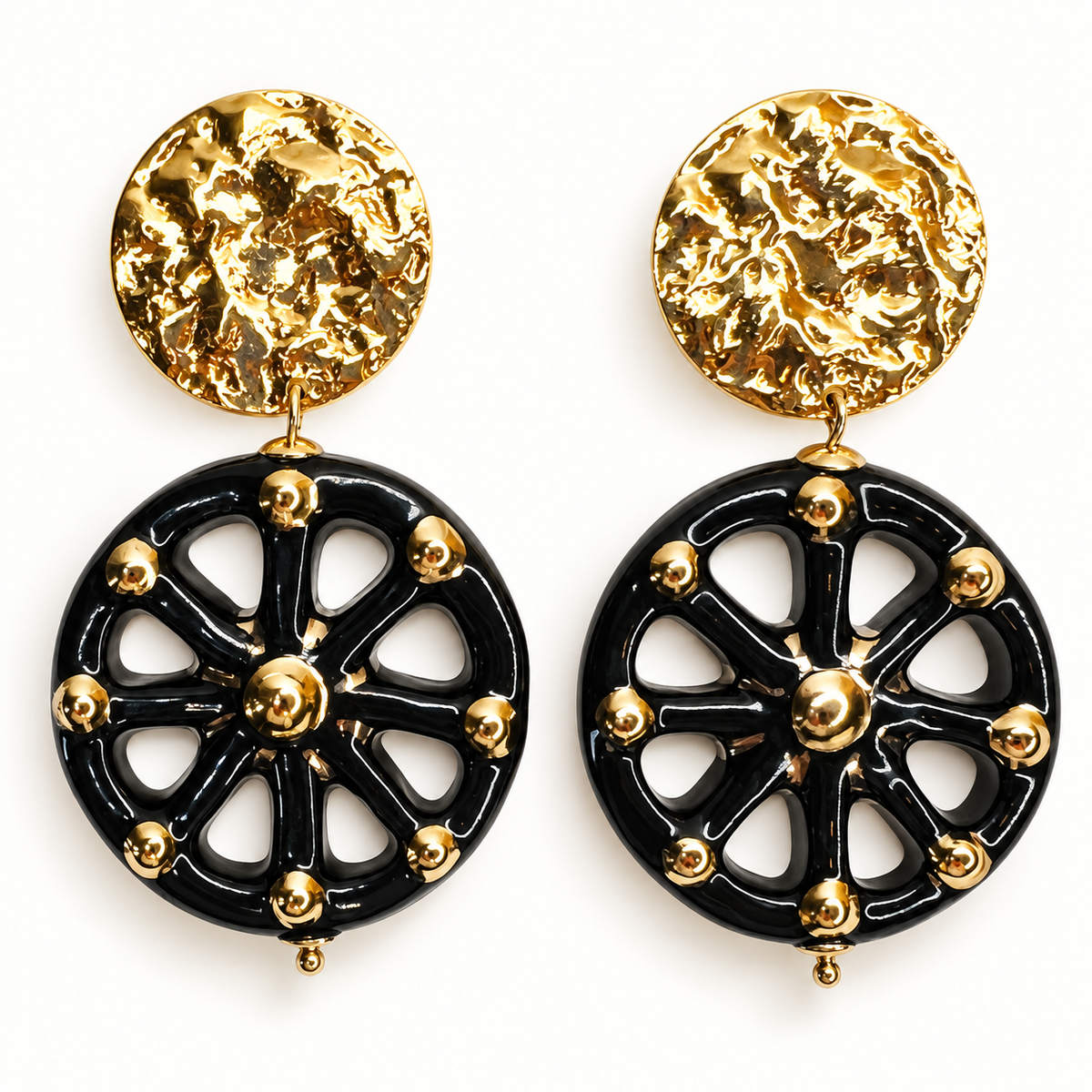 Nero Oro Sicilian Cart Wheel Ceramic Earrings