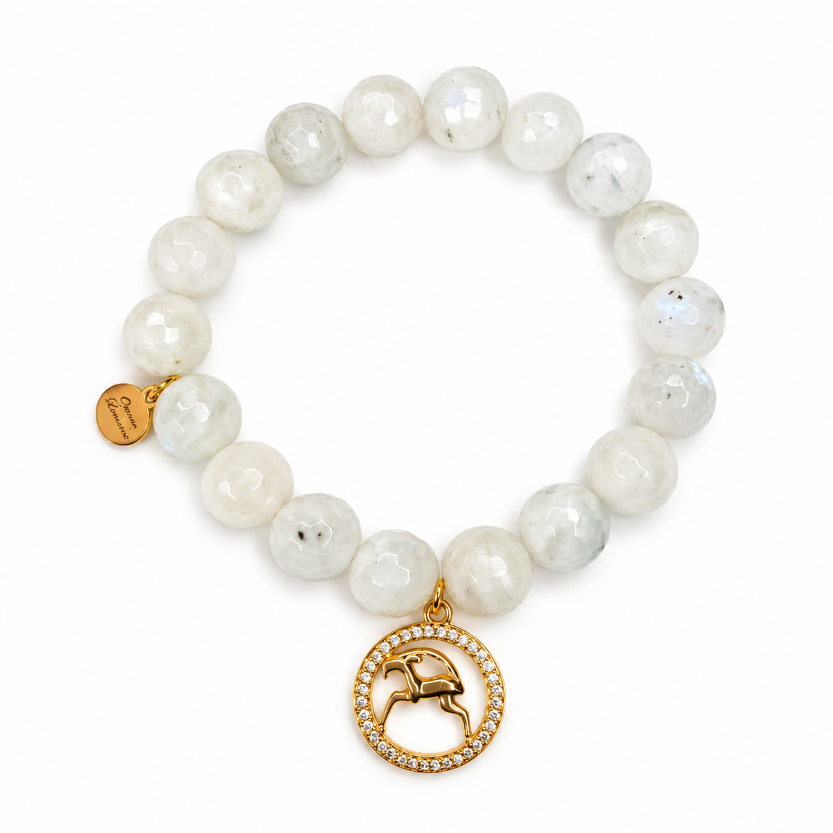 Moonstone with Aries Zodiac Pendant on white studio background