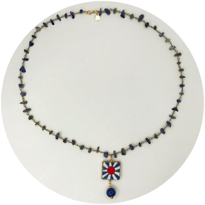 Mystic Blue Stone Necklace with Ceramic Tambourine