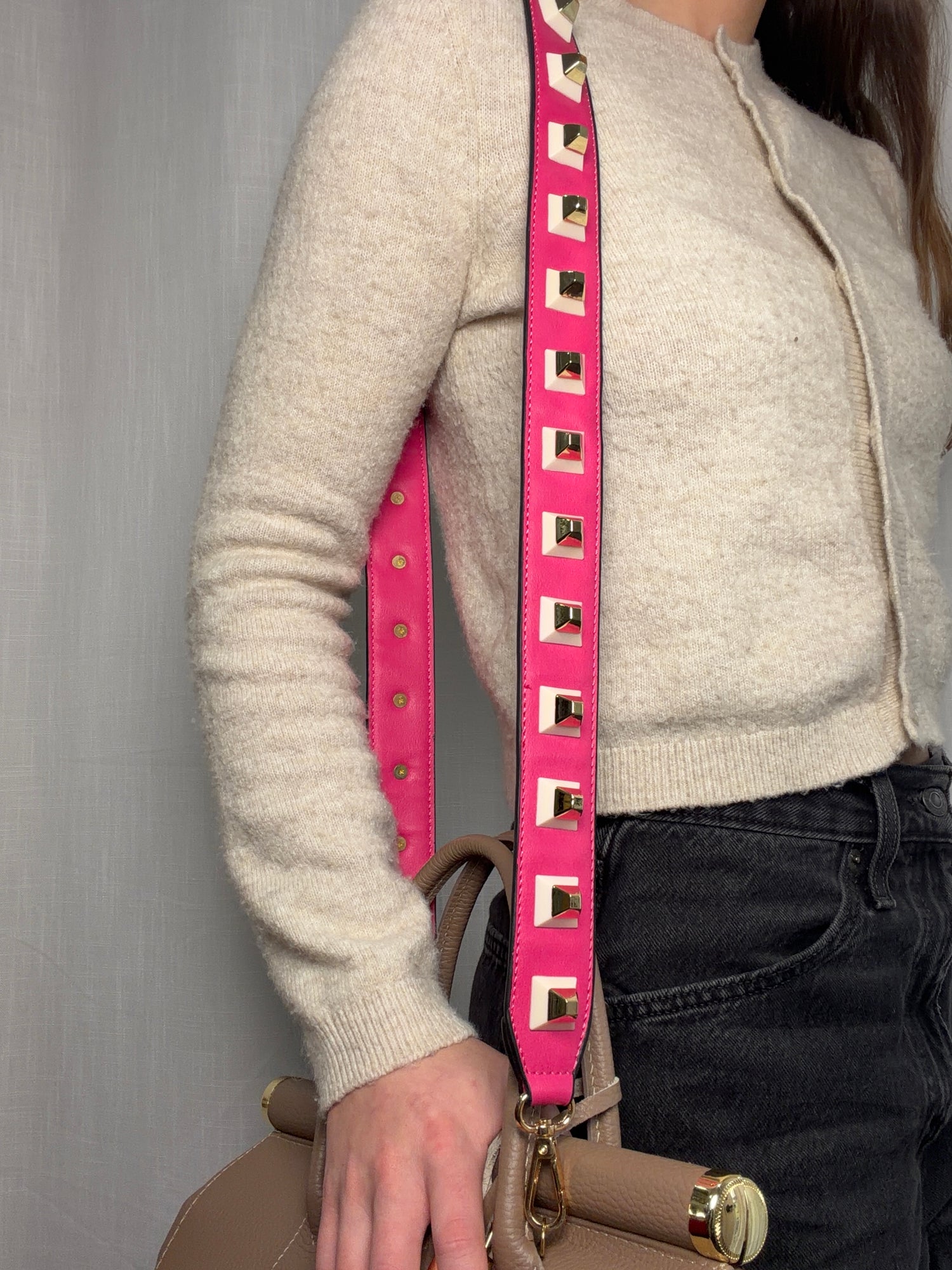 Pink Leather Studded Bag Strap