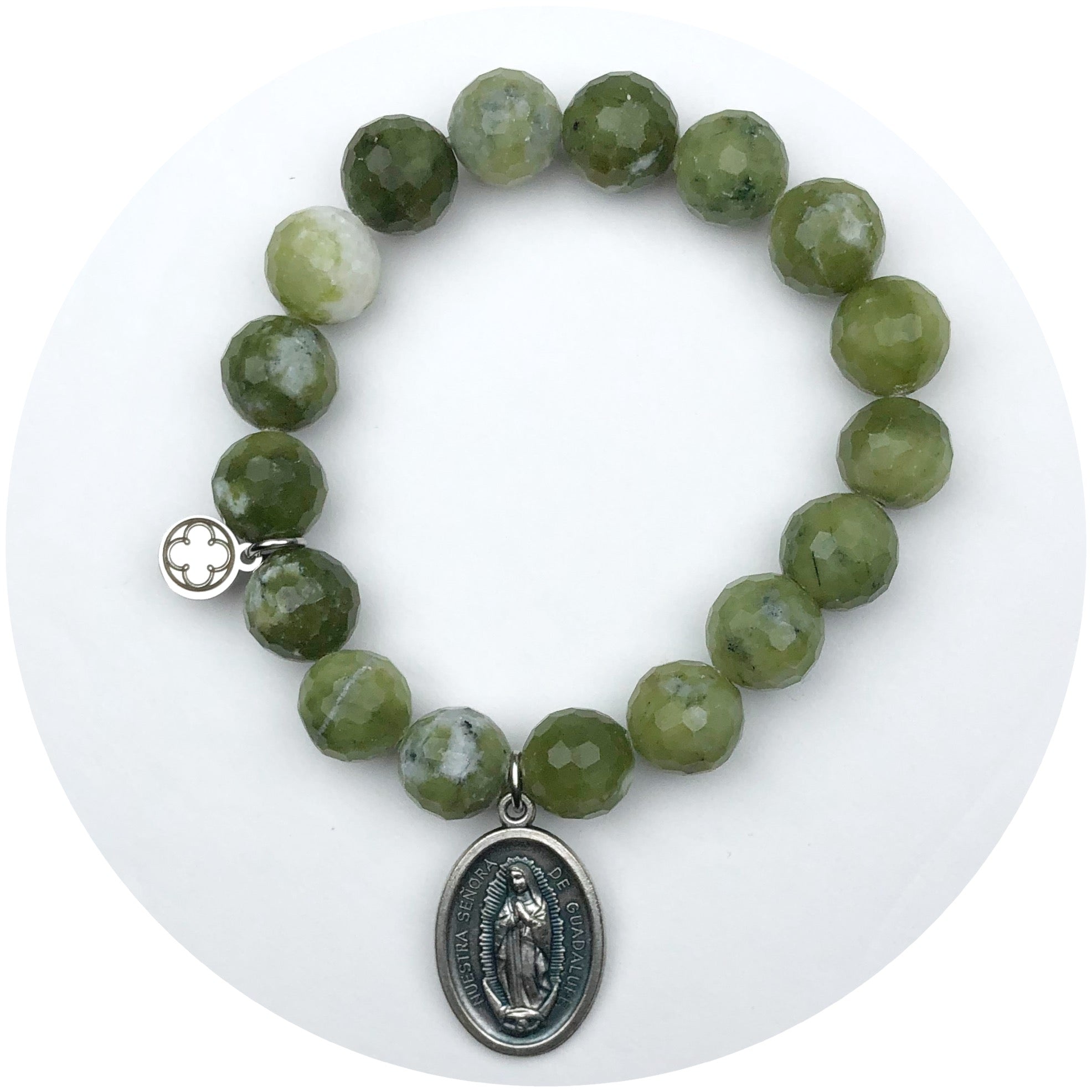 Dusty Olive Jade with Saint Guadalupe Pendant