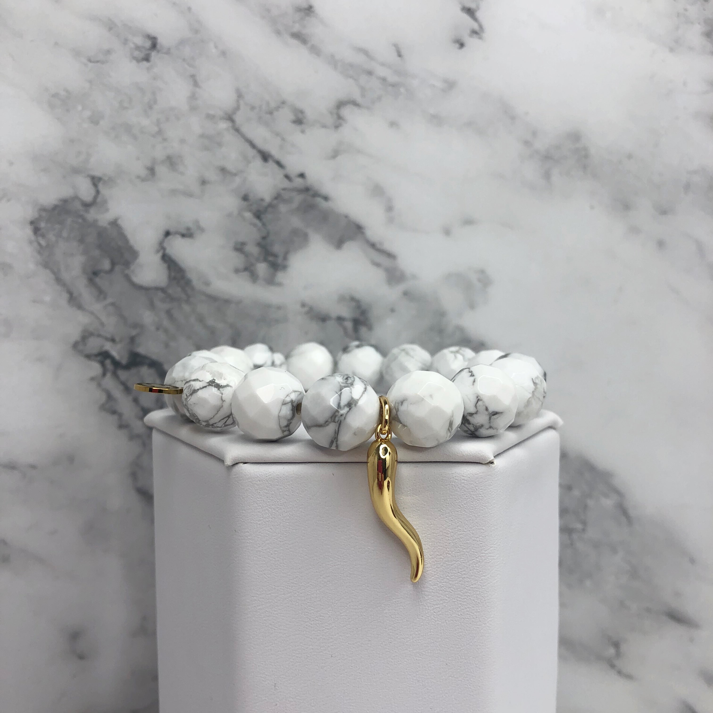 White Howlite with Gold Horn Cornicello Pendant