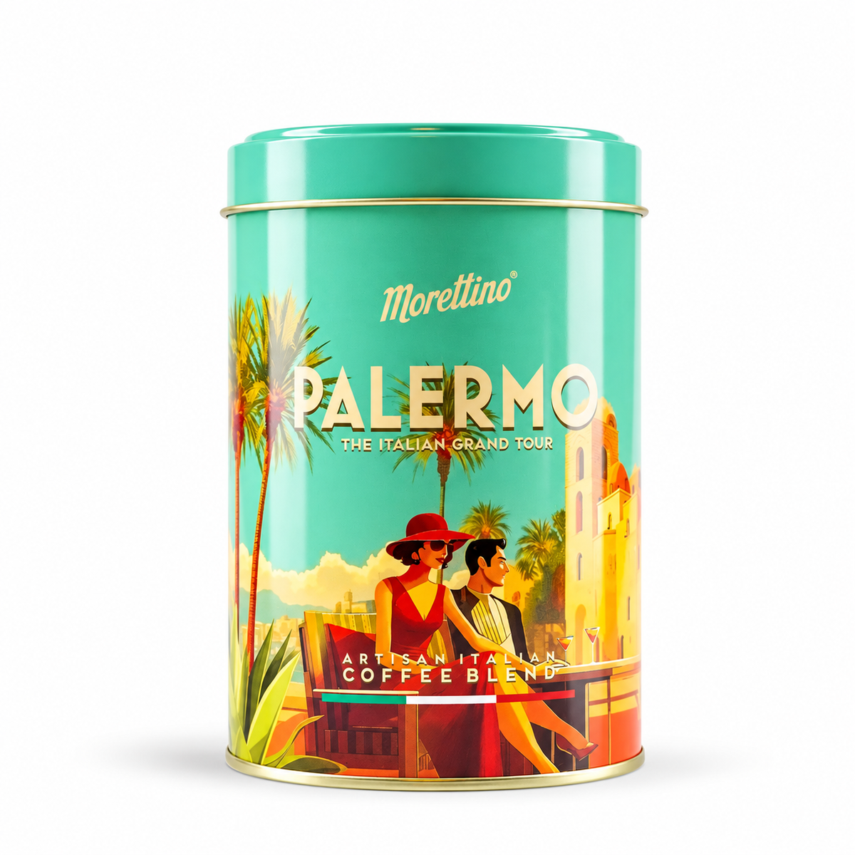 Morettino "Palermo" Ground Coffee in Tin - 250g on a white studio background