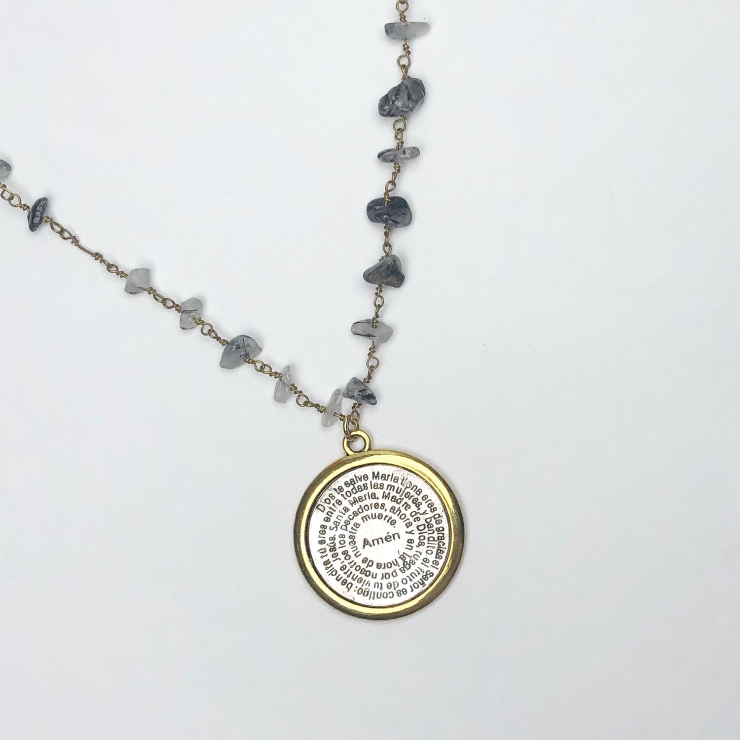 Grey Quartz Gemstone Chips Necklace with Large Amen Pendant