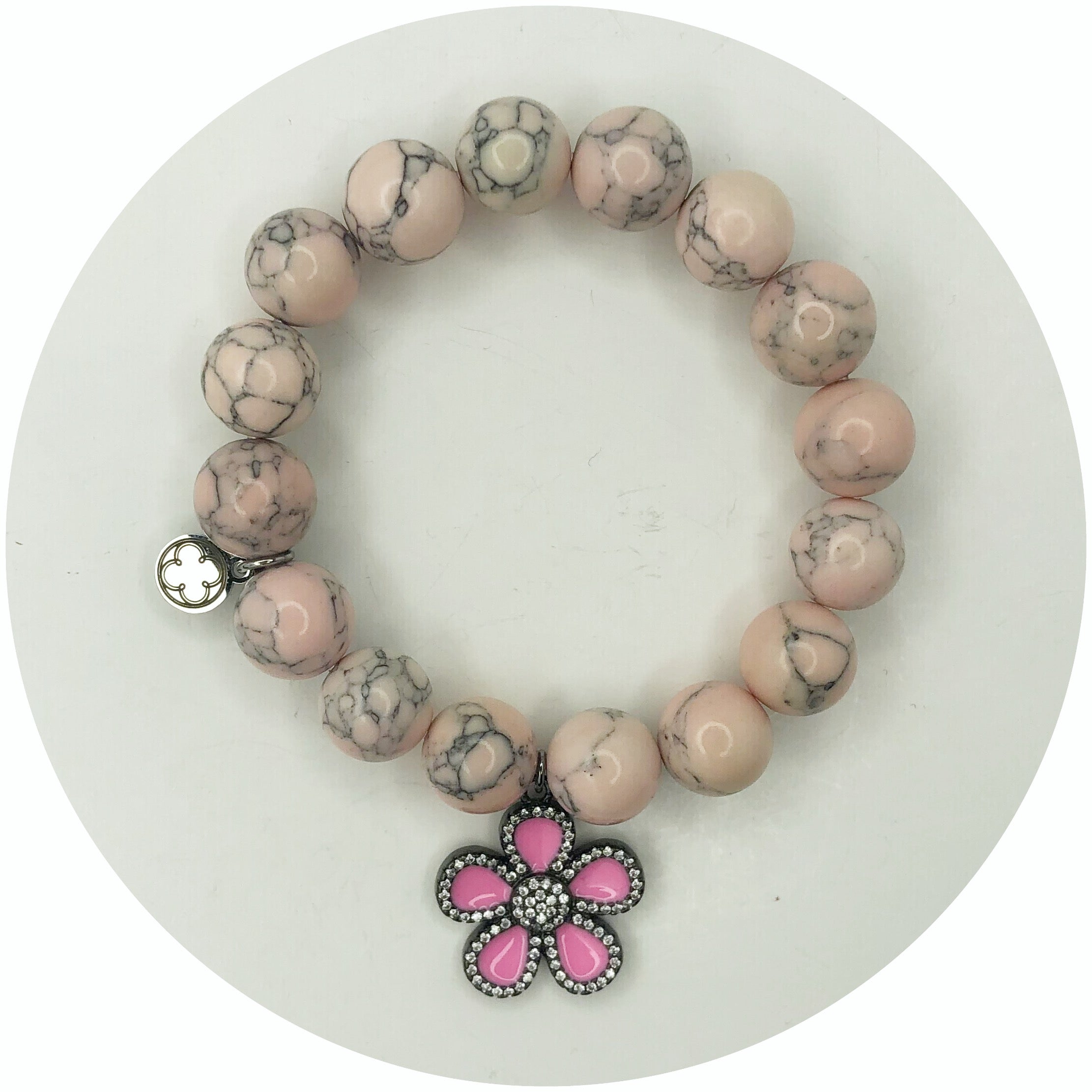 Pastel Rose Howlite with Pavé Gunmetal Hot Pink Flower