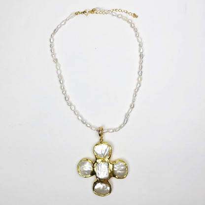 Perla Grande Freshwater Pearl with Pearl Bezel Cross Pendant
