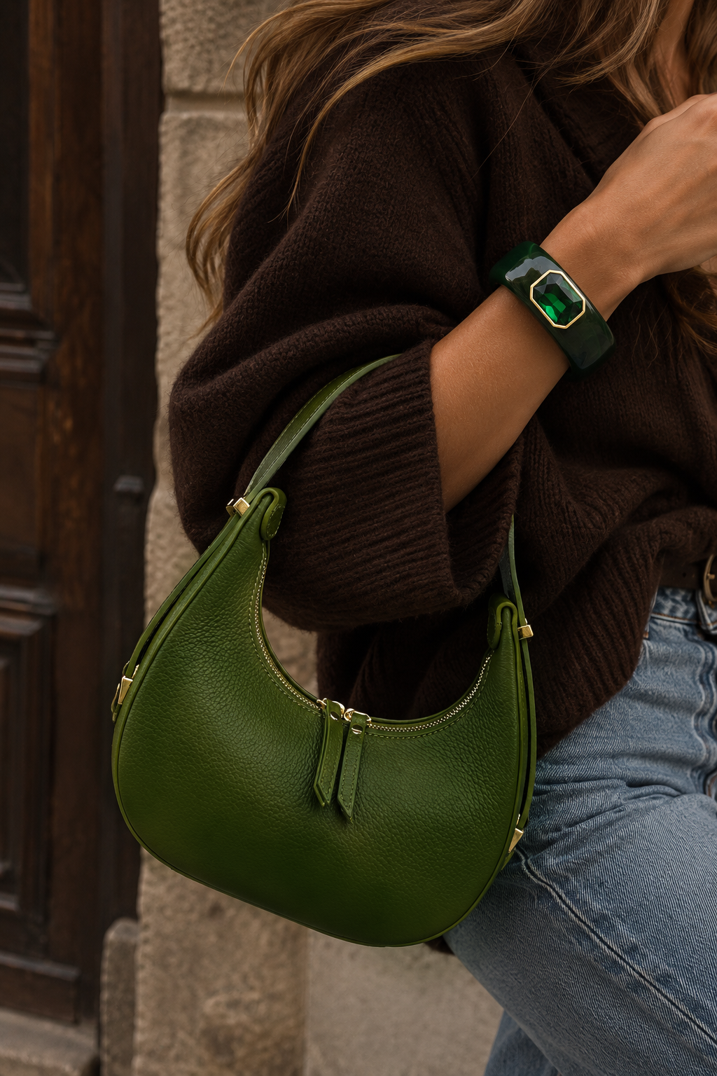Mezza Luna Olive Leather Handbag