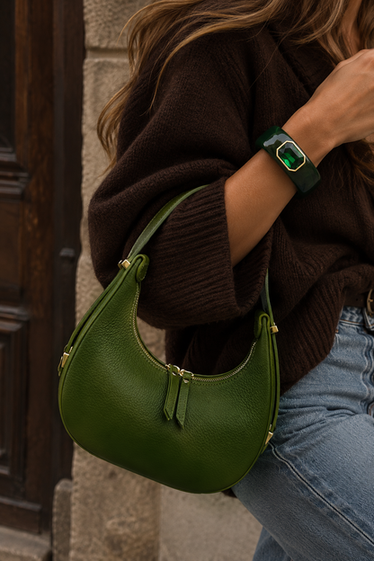 Mezza Luna Olive Leather Handbag