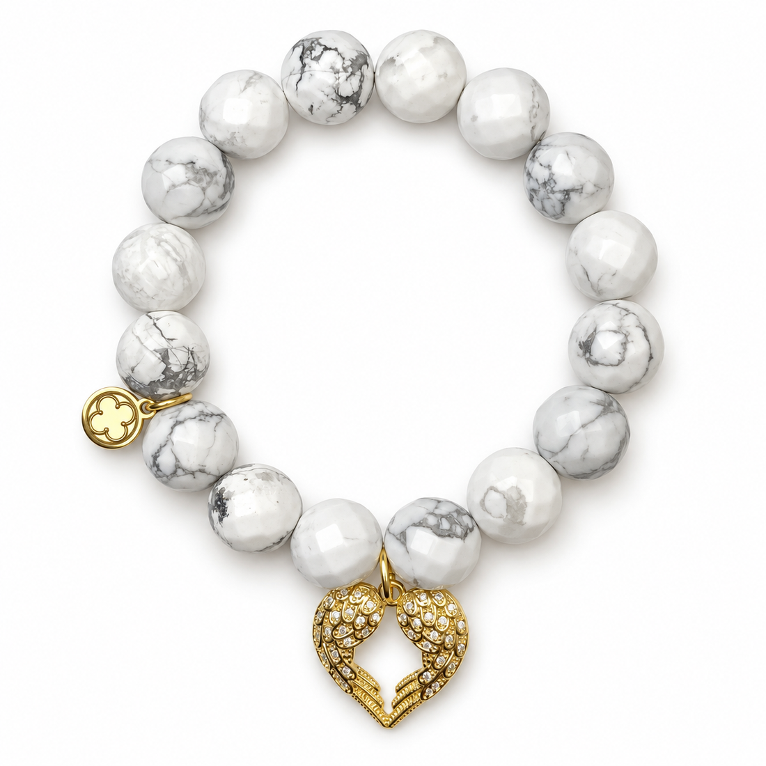 White Howlite with Pavé Heart Angel Wings on white studio background