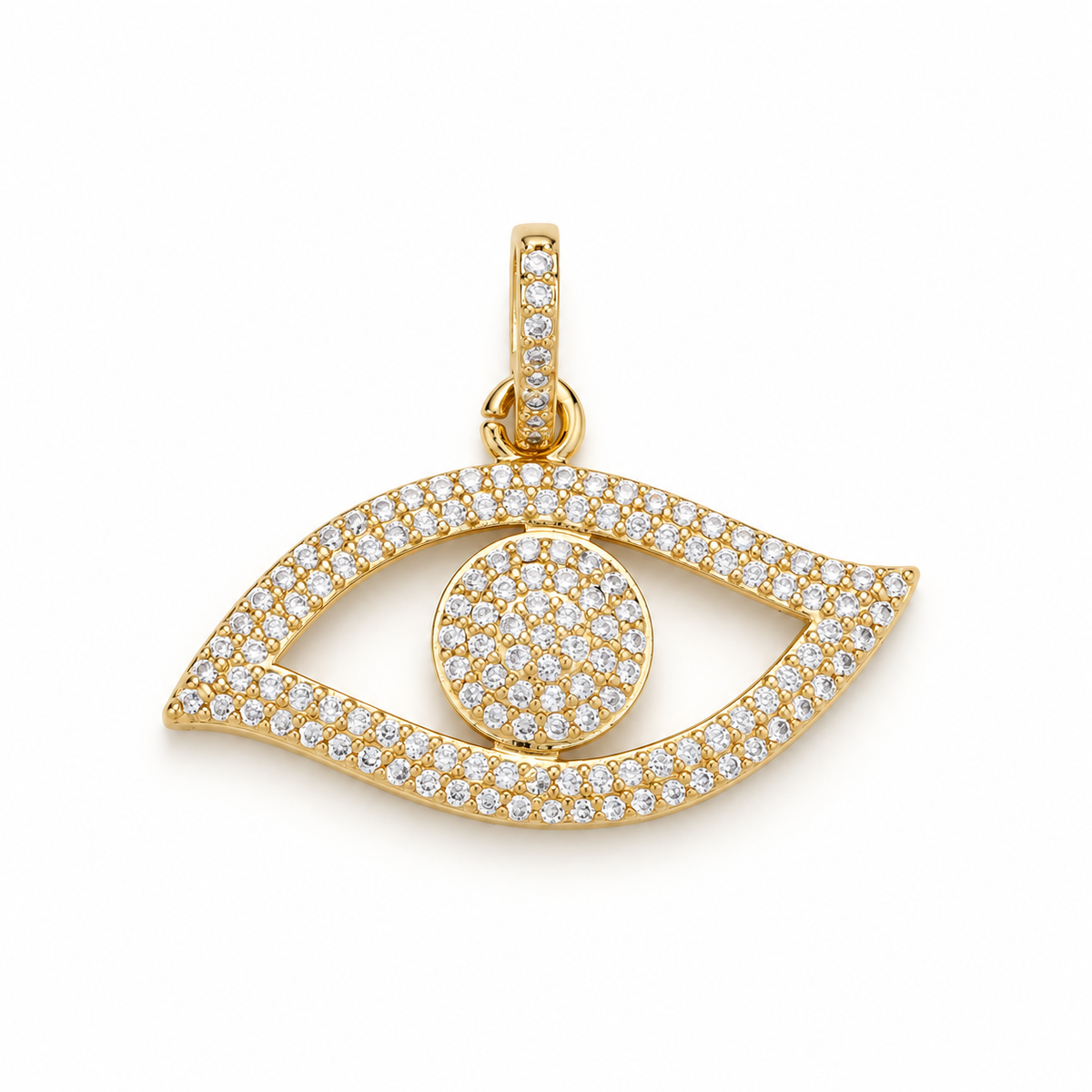 Gold Pavé Evil Eye Pendant on a clean studio background
