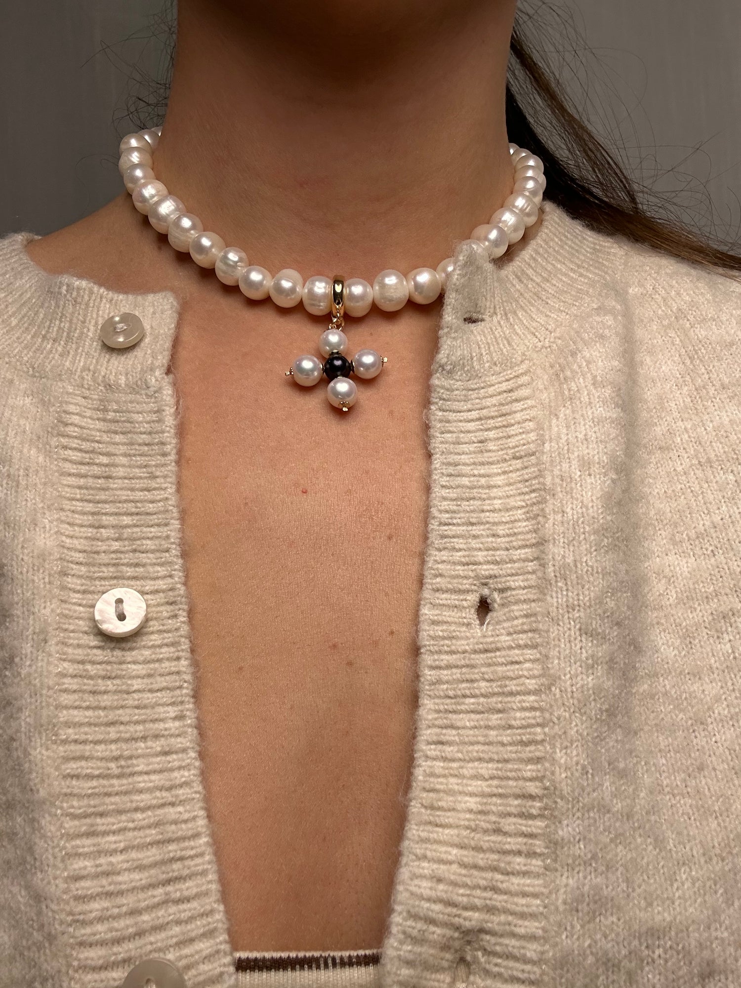 Perla Grande Freshwater Pearl with Freshwater Pearl Maltese Cross Necklace