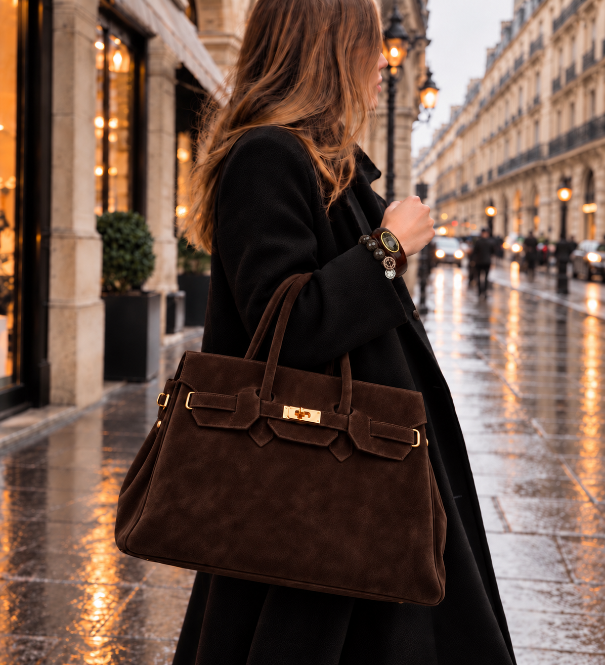 Monica Chocolate Brown Natural Suede Handbag