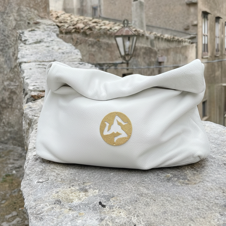 Gold Trinacria White Leather Handbag