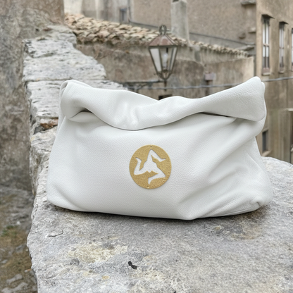 Gold Trinacria White Leather Handbag