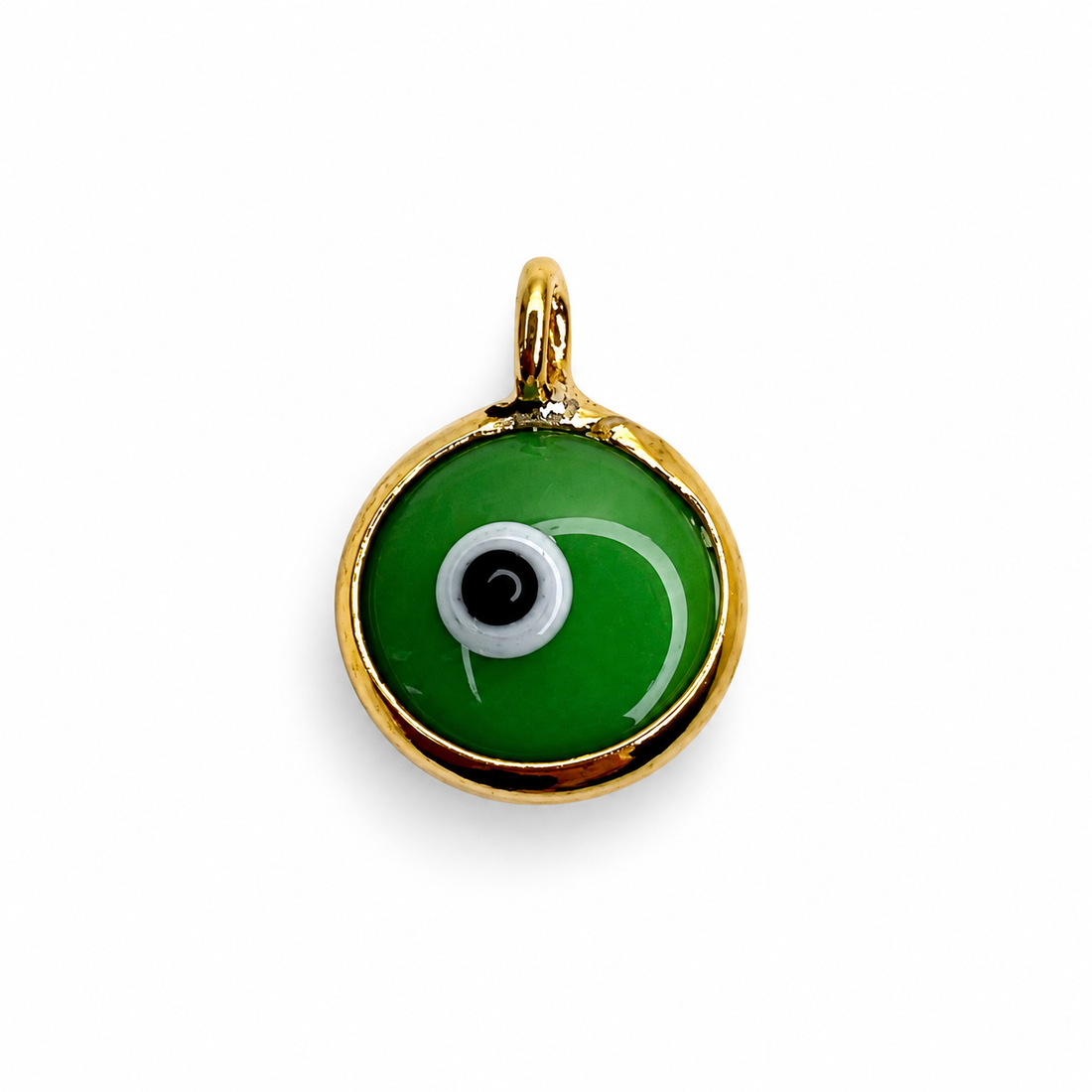 Green Glass Evil Eye Pendant on a white background