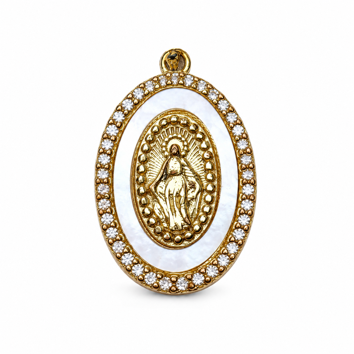 Mother of Pearl Pave Blessed Mother Pendant on a white background