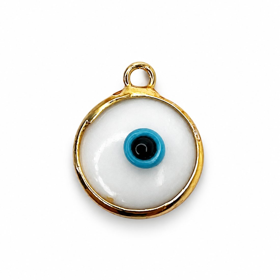 White Glass Evil Eye Pendant on a white background