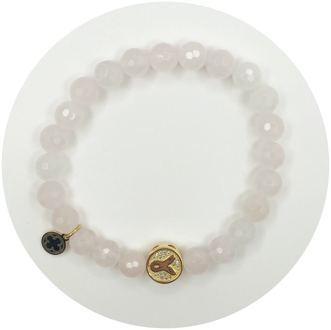 Mens Rose Quartz With Gold Pavé Cancer Awareness Ribbon Accent