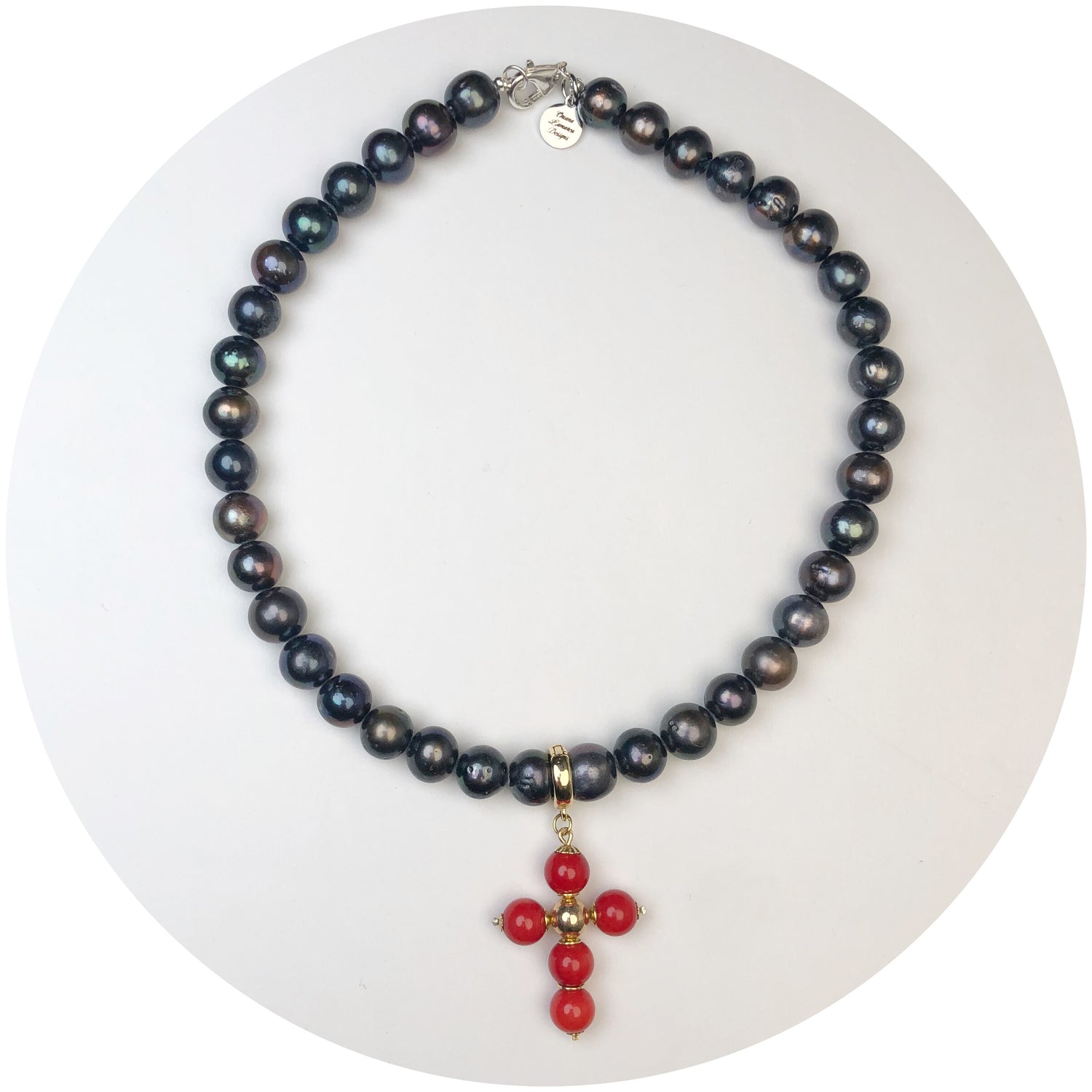 Perla Grande Peacock Pearl with Red Coral Cross Necklace