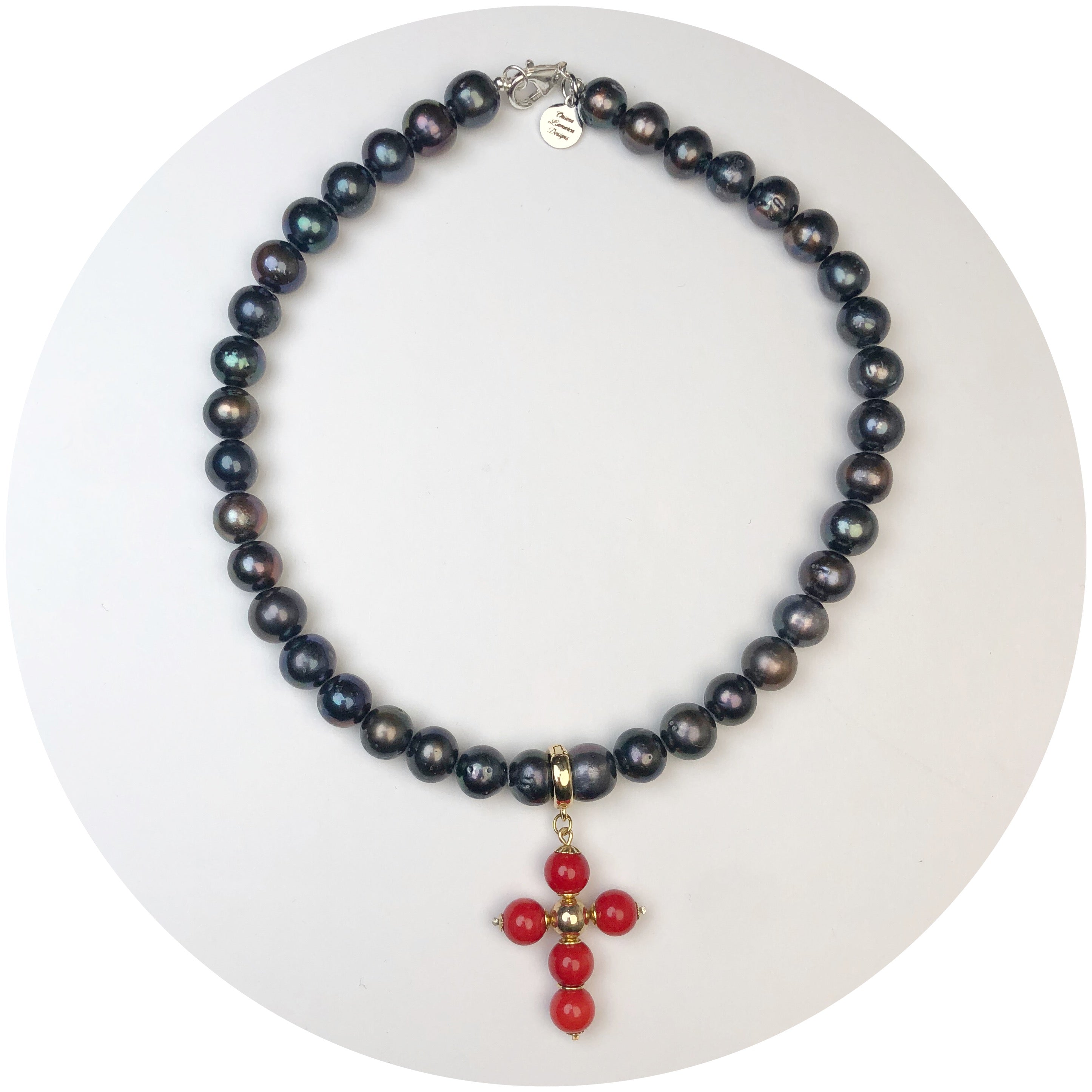 Perla Grande Peacock Pearl with Red Coral Cross Necklace