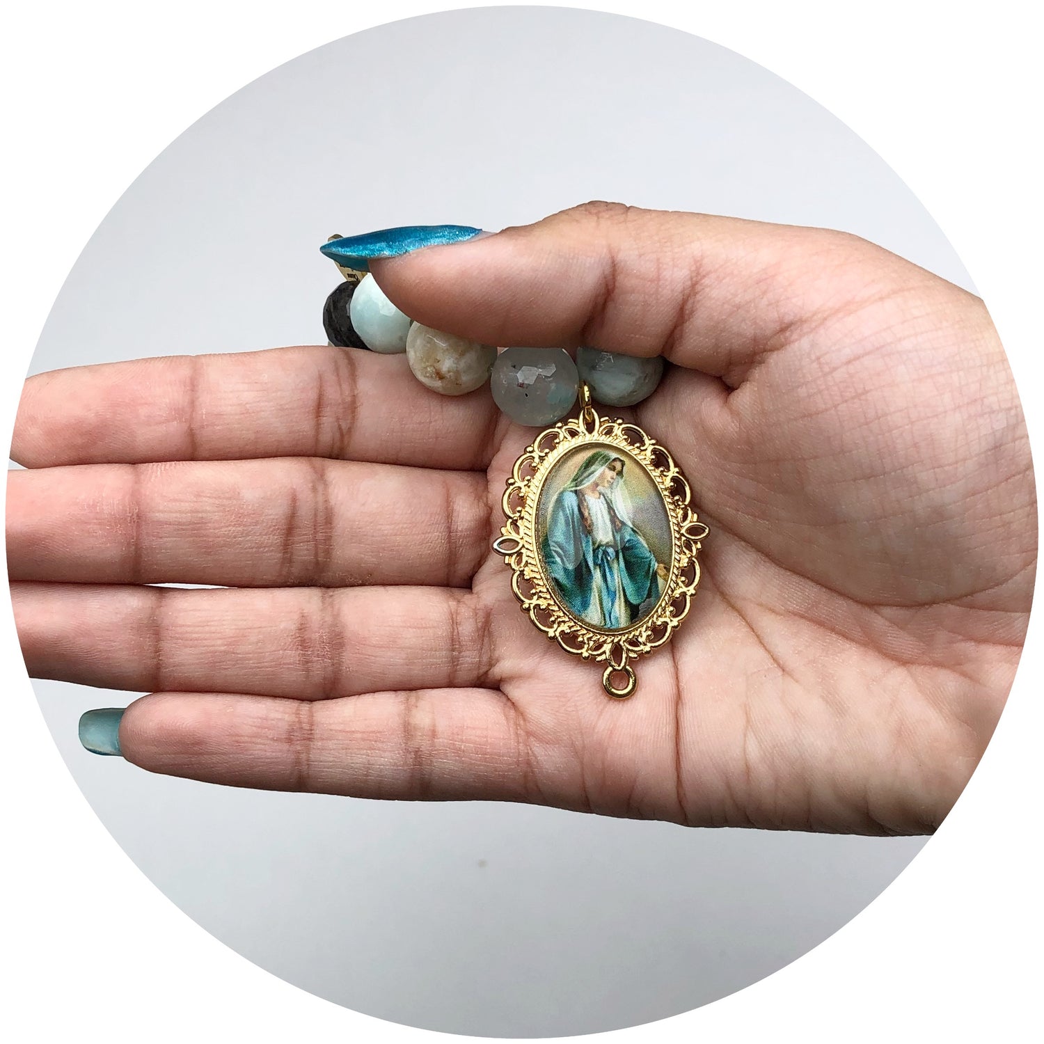 Mixed Soft Seafoam with Saint Mary Pendant