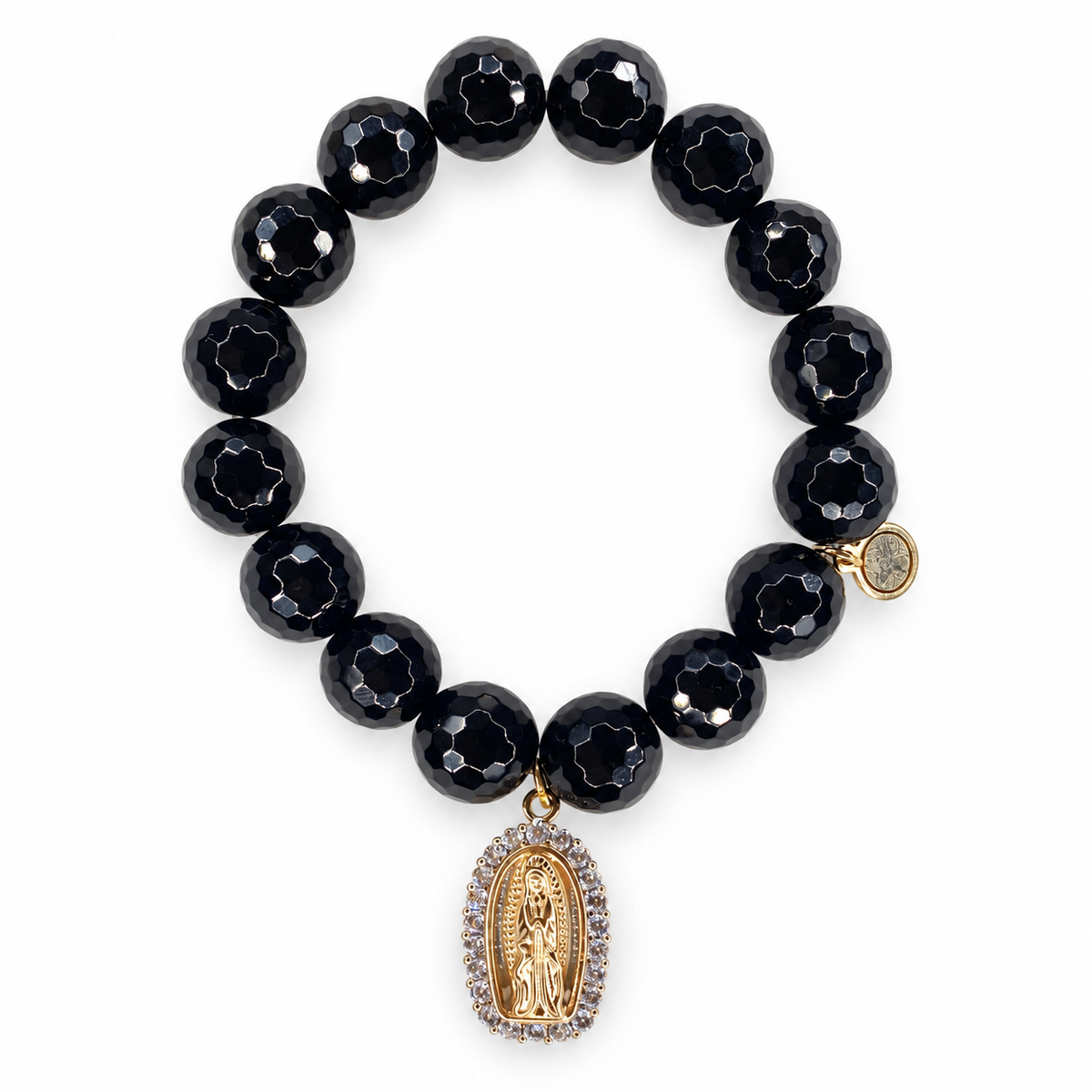 Black Onyx with Pavé Blessed Mother Pendant on white studio background