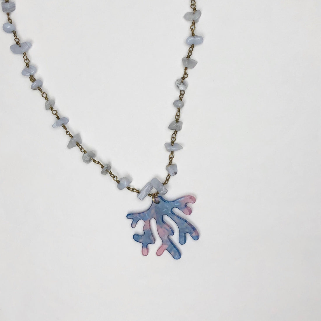 Serenity Blue Gemstone Chips Necklace with Acrylic Coral Branch Pendant