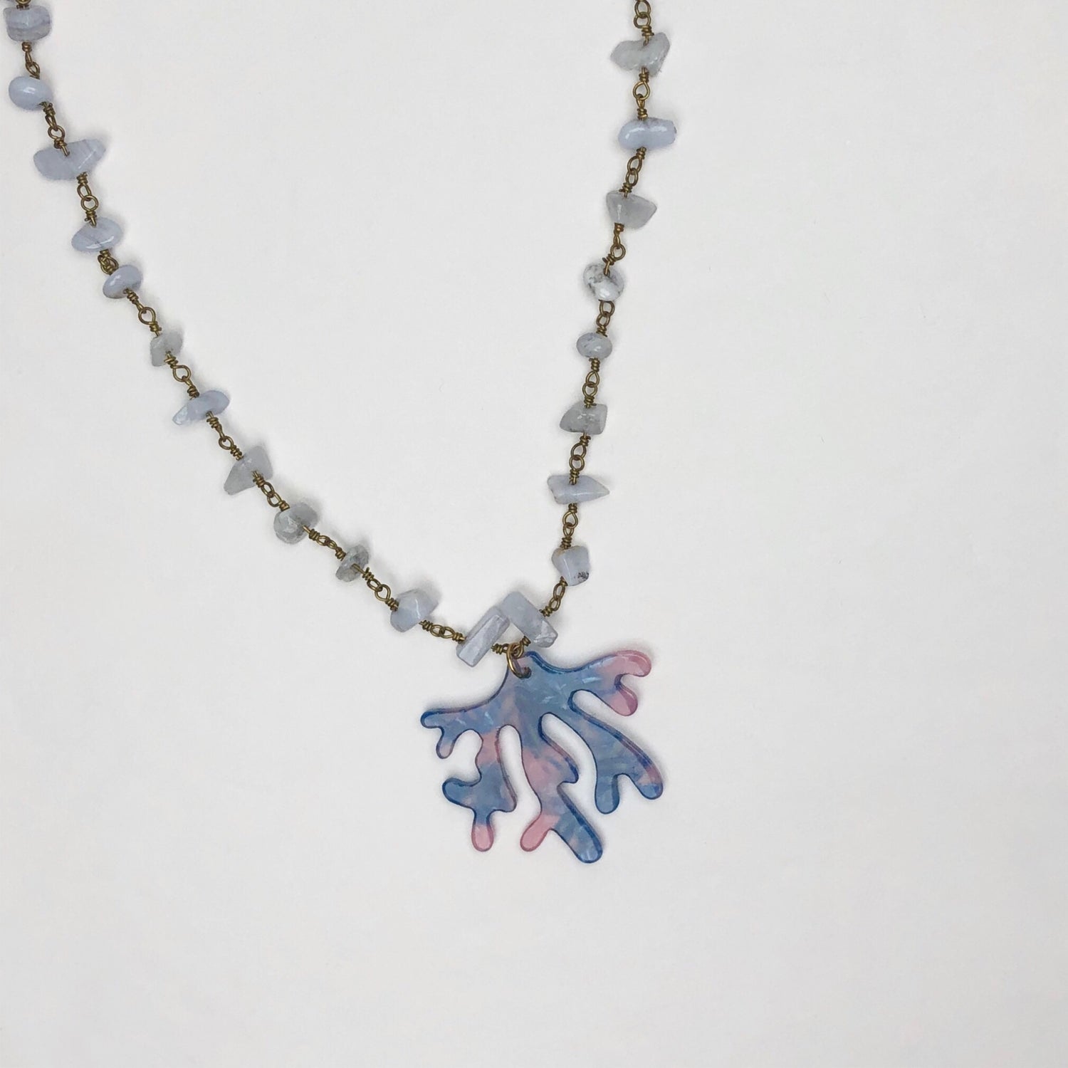 Serenity Blue Gemstone Chips Necklace with Acrylic Coral Branch Pendant