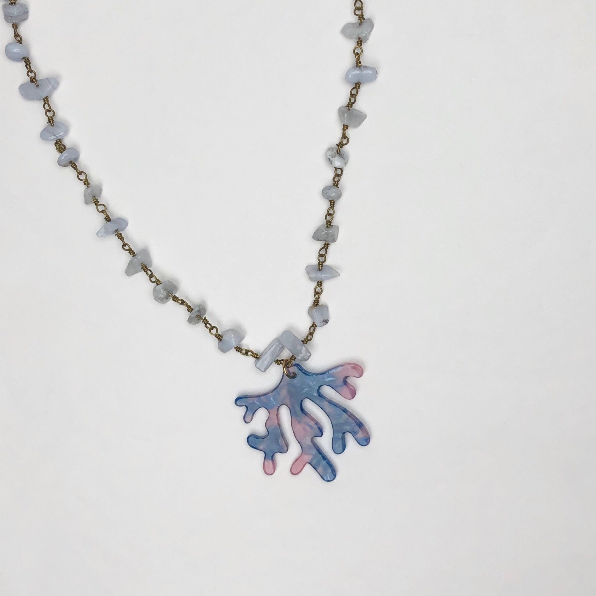 Serenity Blue Gemstone Chips Necklace with Acrylic Coral Branch Pendant