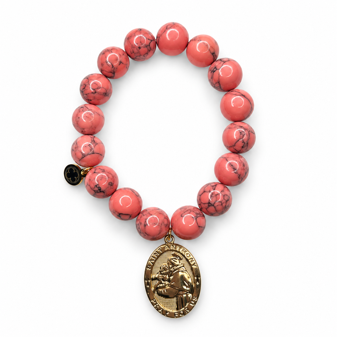 Coral Howlite with St. Anthony Pendant on white studio background