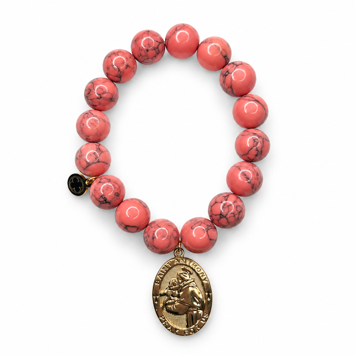 Coral Howlite with St. Anthony Pendant on white studio background