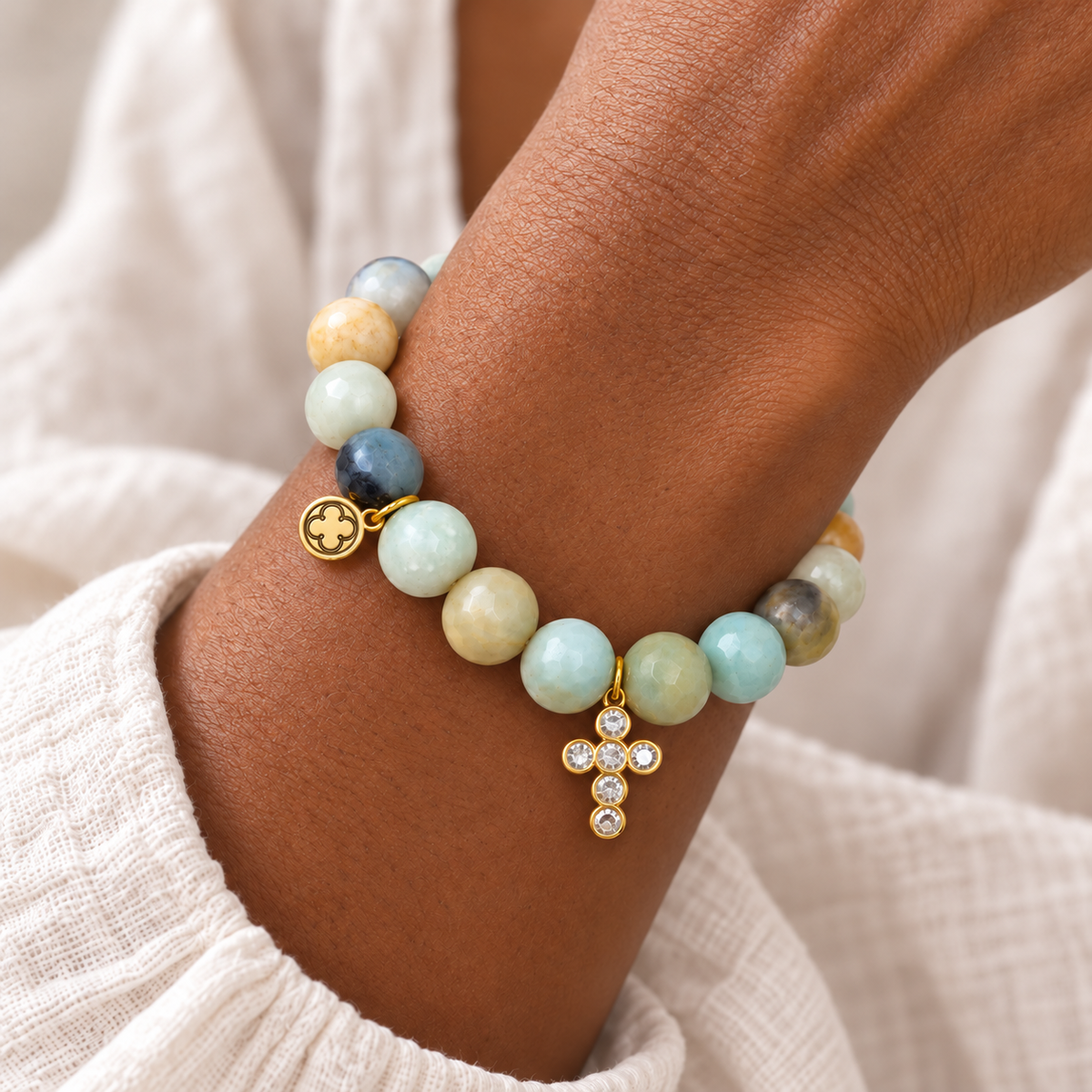Amazonite with Pavé Bubble Cross Pendant bracelet worn on a woman&