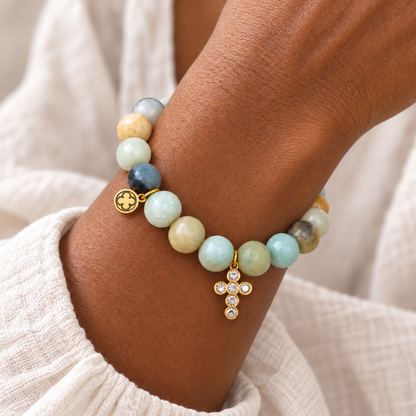 Amazonite with Pavé Bubble Cross Pendant bracelet worn on a woman&