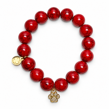 Red Howlite "One Dog At A Time" with Dog Paw Pendant on white studio background