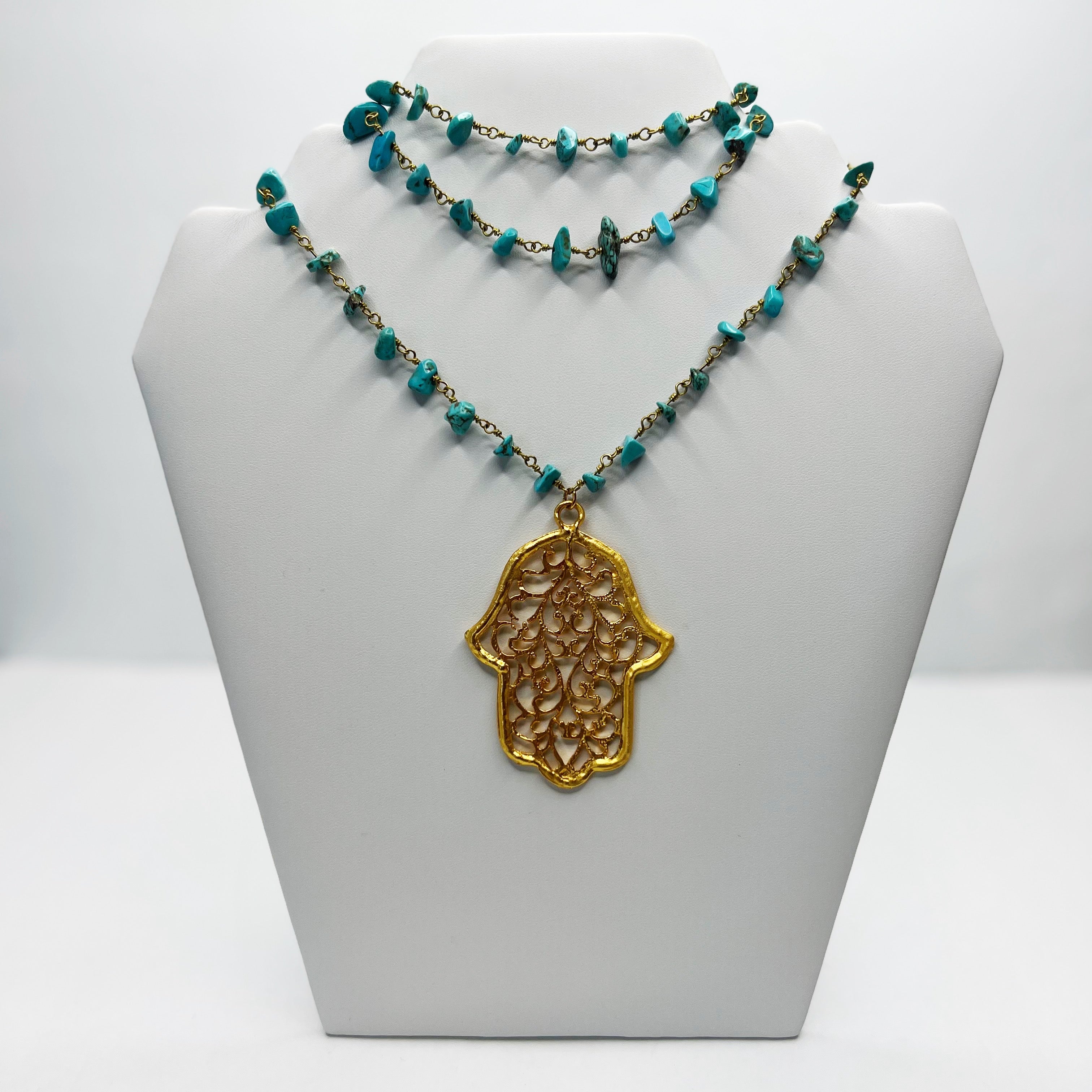 Turquoise Gemstone Chips Chain with Gold Filigree Hamsa Necklace