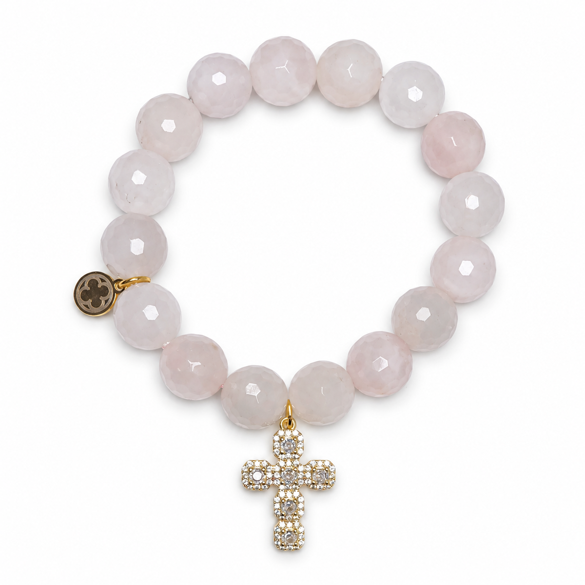Rose Quartz with Baguette Cross Pendant on white studio background