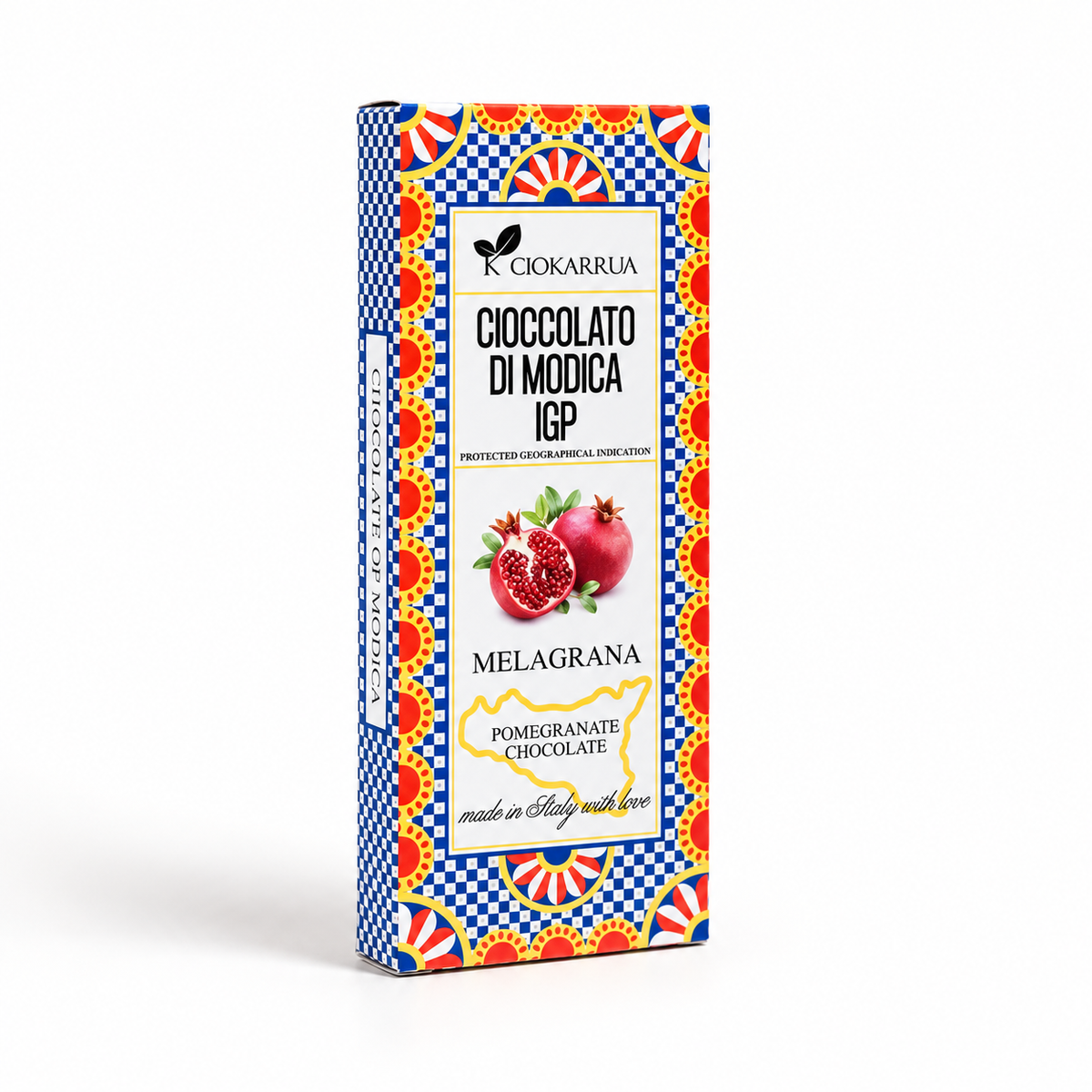 Cioccolato di Modica with Pomegranate on a clean studio background