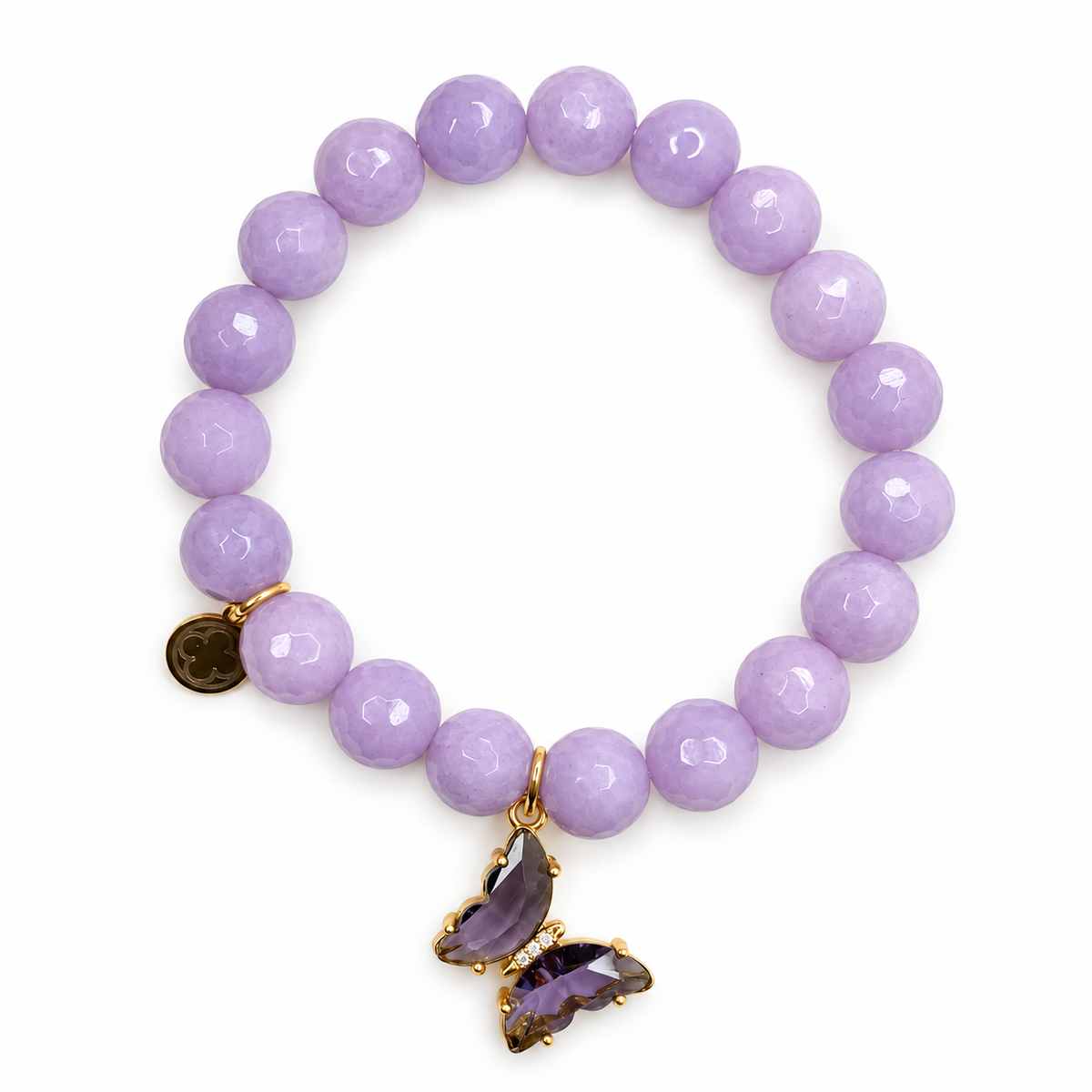 Lavender Jade "Empowering Emi" with Violet Glass Butterfly Pendant on white studio background