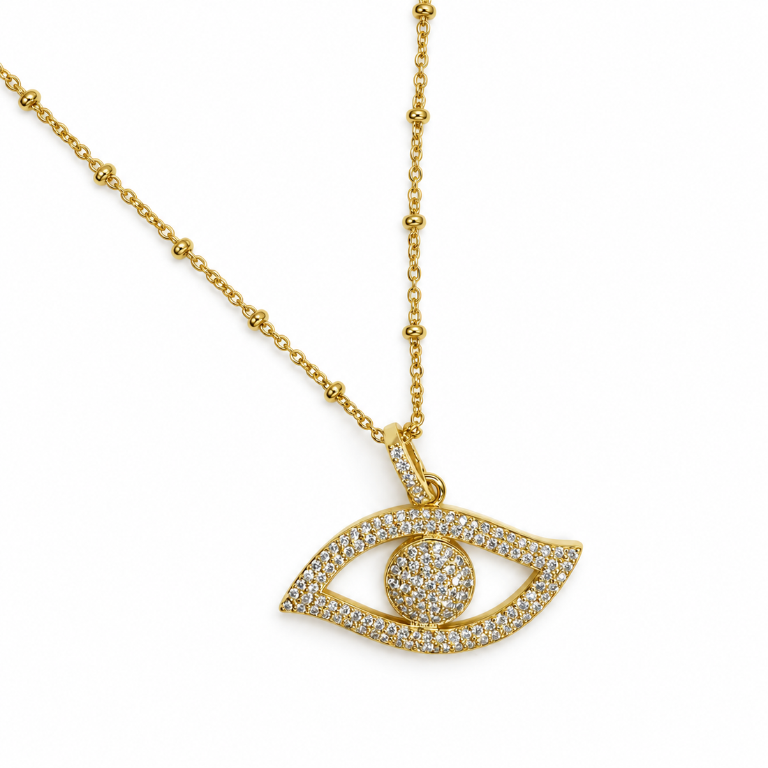 Gold Pavé Evil Eye with Gold Chain Necklace studio photo