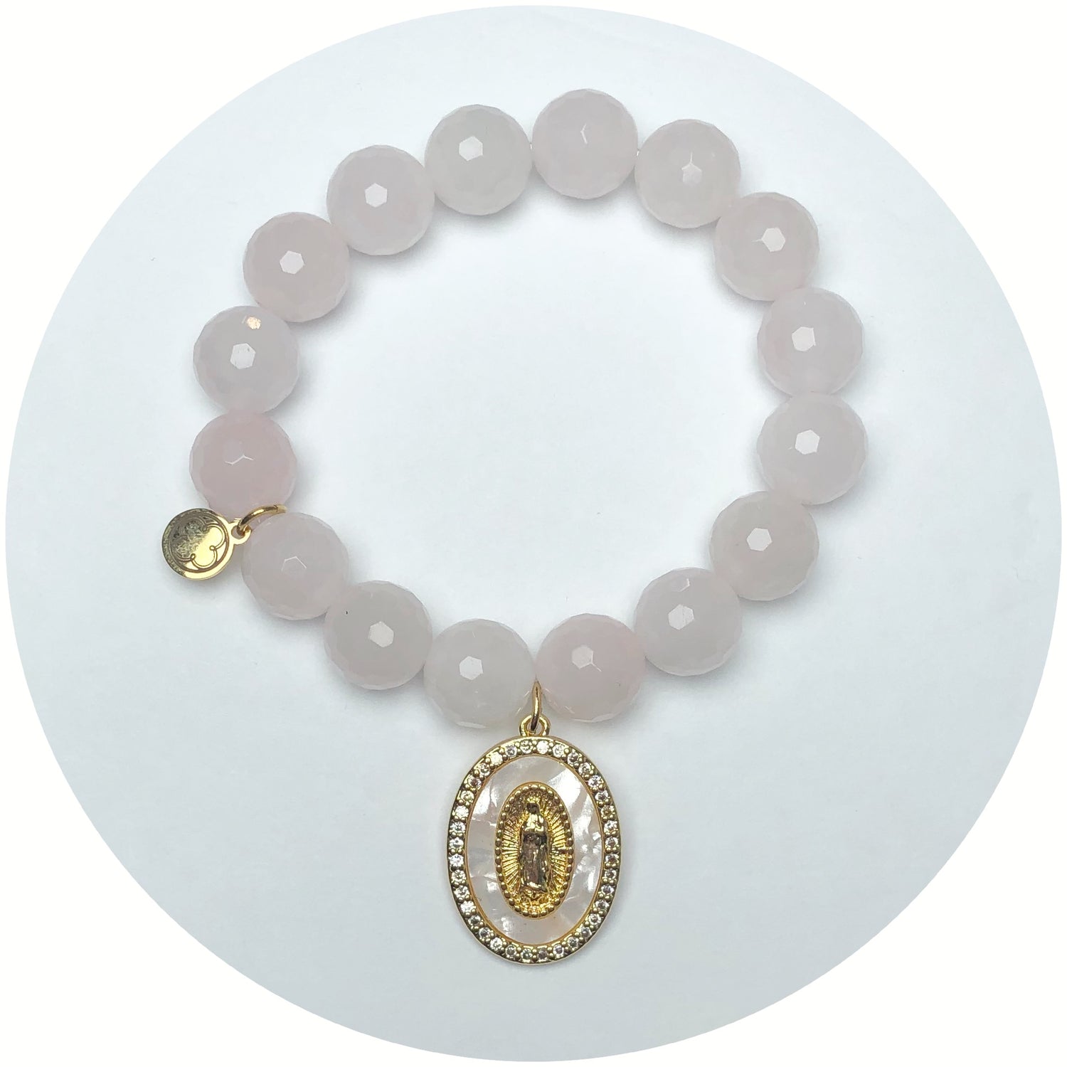Rose Quartz with Mother of Pearl Oval Blessed Mother Pendant