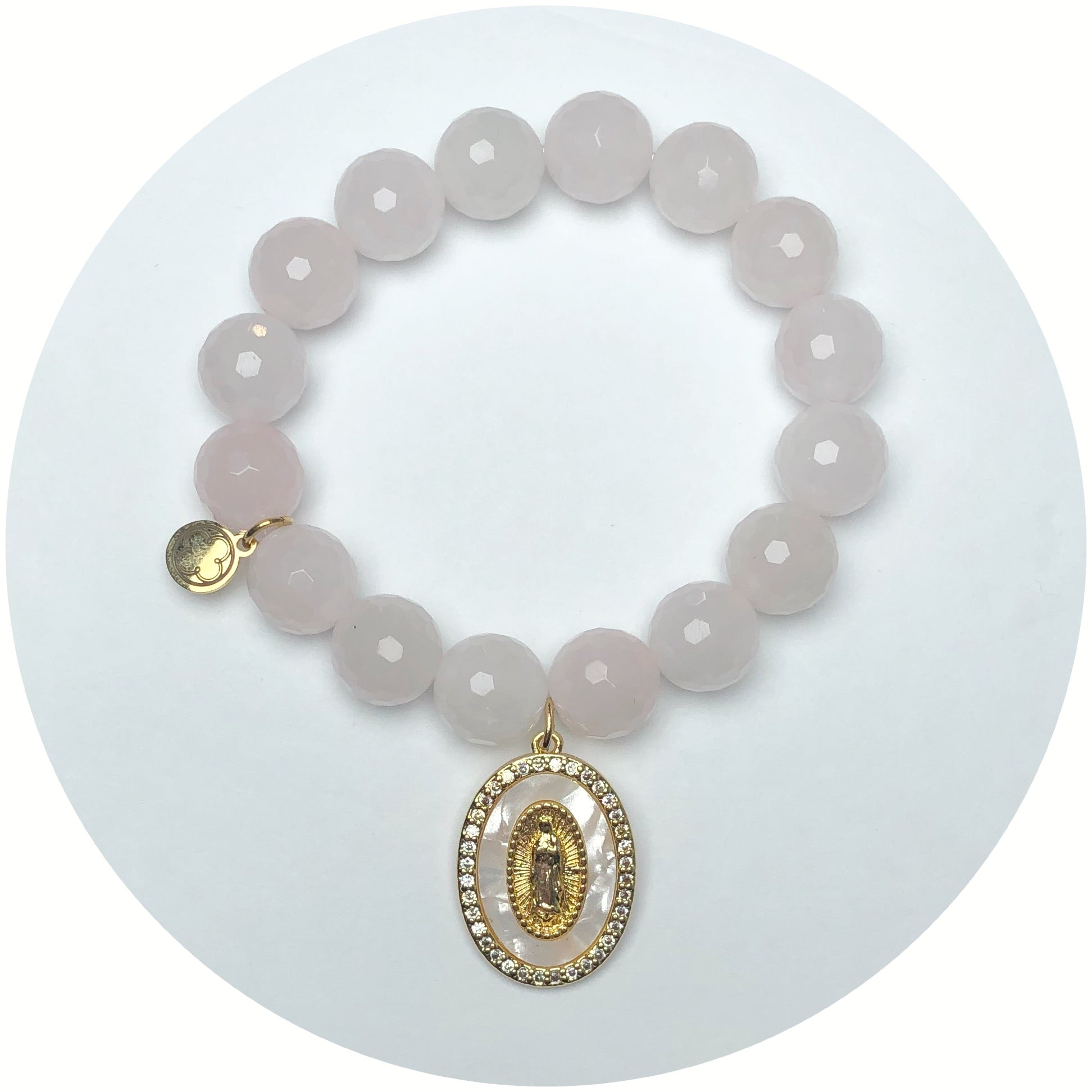 Rose Quartz with Mother of Pearl Oval Blessed Mother Pendant