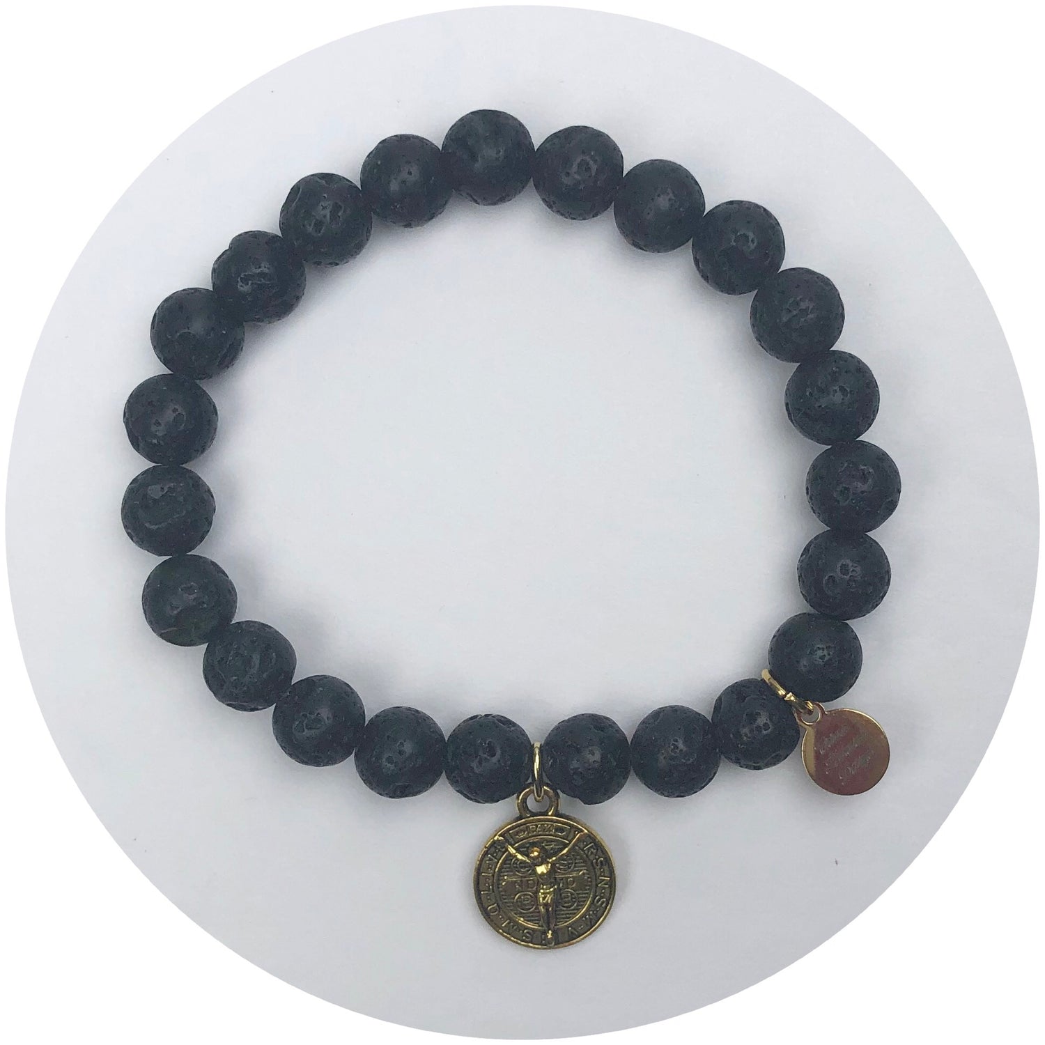 Black Lava with Double Sided Gold St Benedict and Jesus Pendant