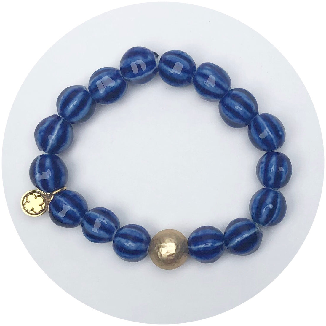 Blue Ceramic Riccio Bead with Hammered Gold Accent