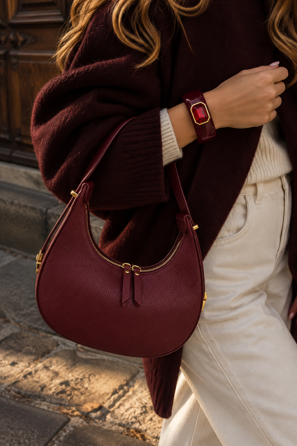 Mezza Luna Plum Leather Handbag