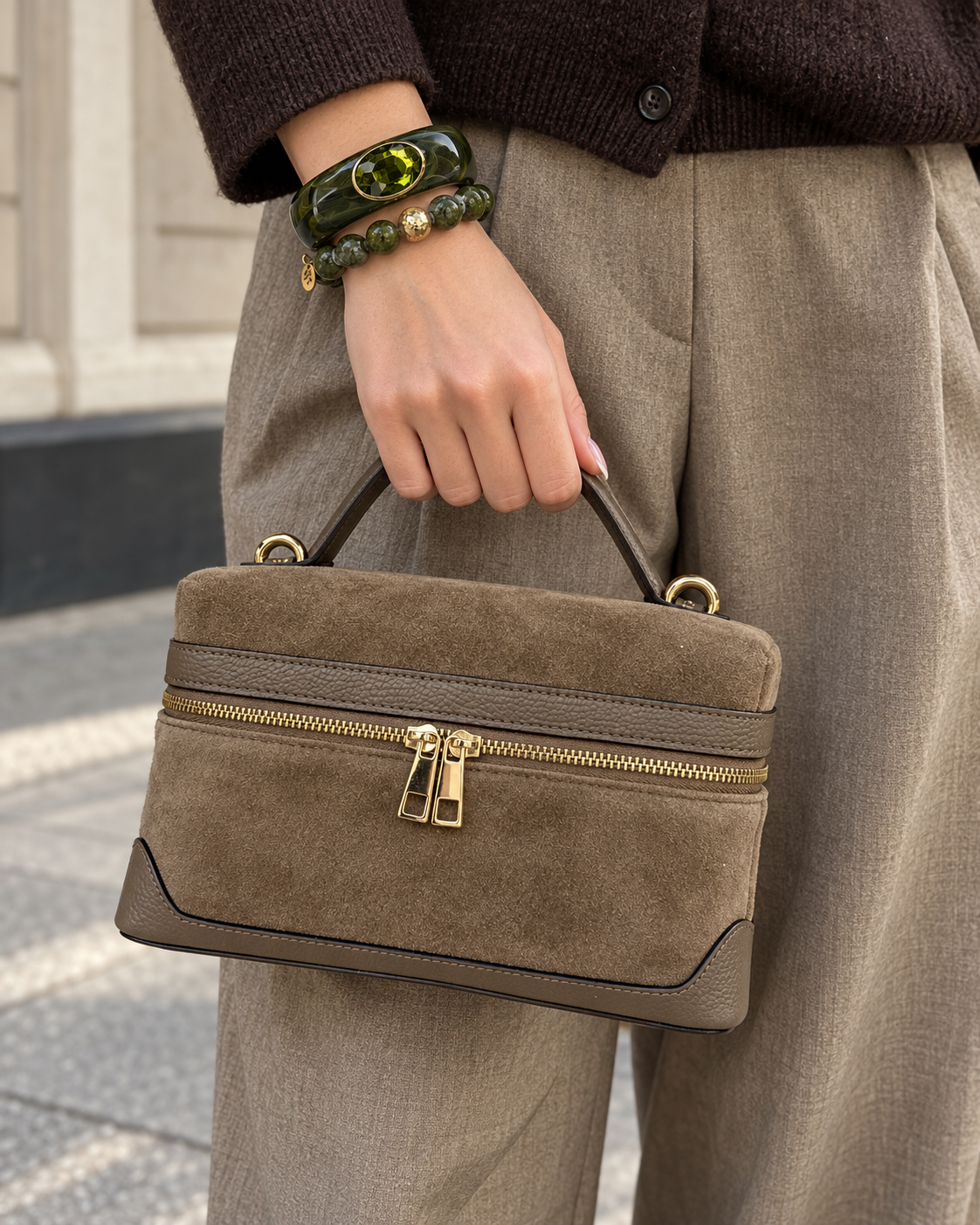 Frankie Taupe Suede Handbag