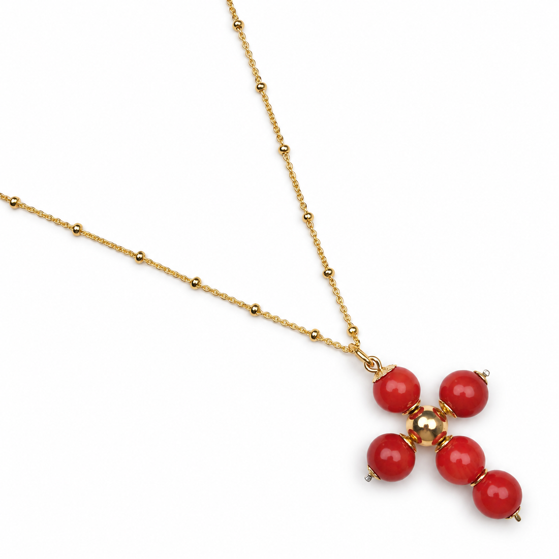 Red Coral Cross Pendant Necklace studio photo