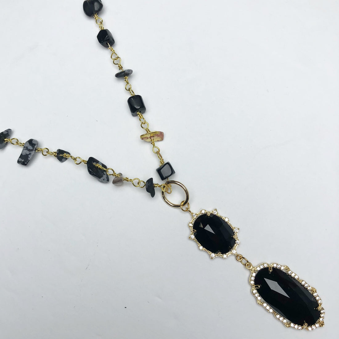 Dalmation Jasper Gemstone Chips Chain with Pavé Black Crystal Pendant