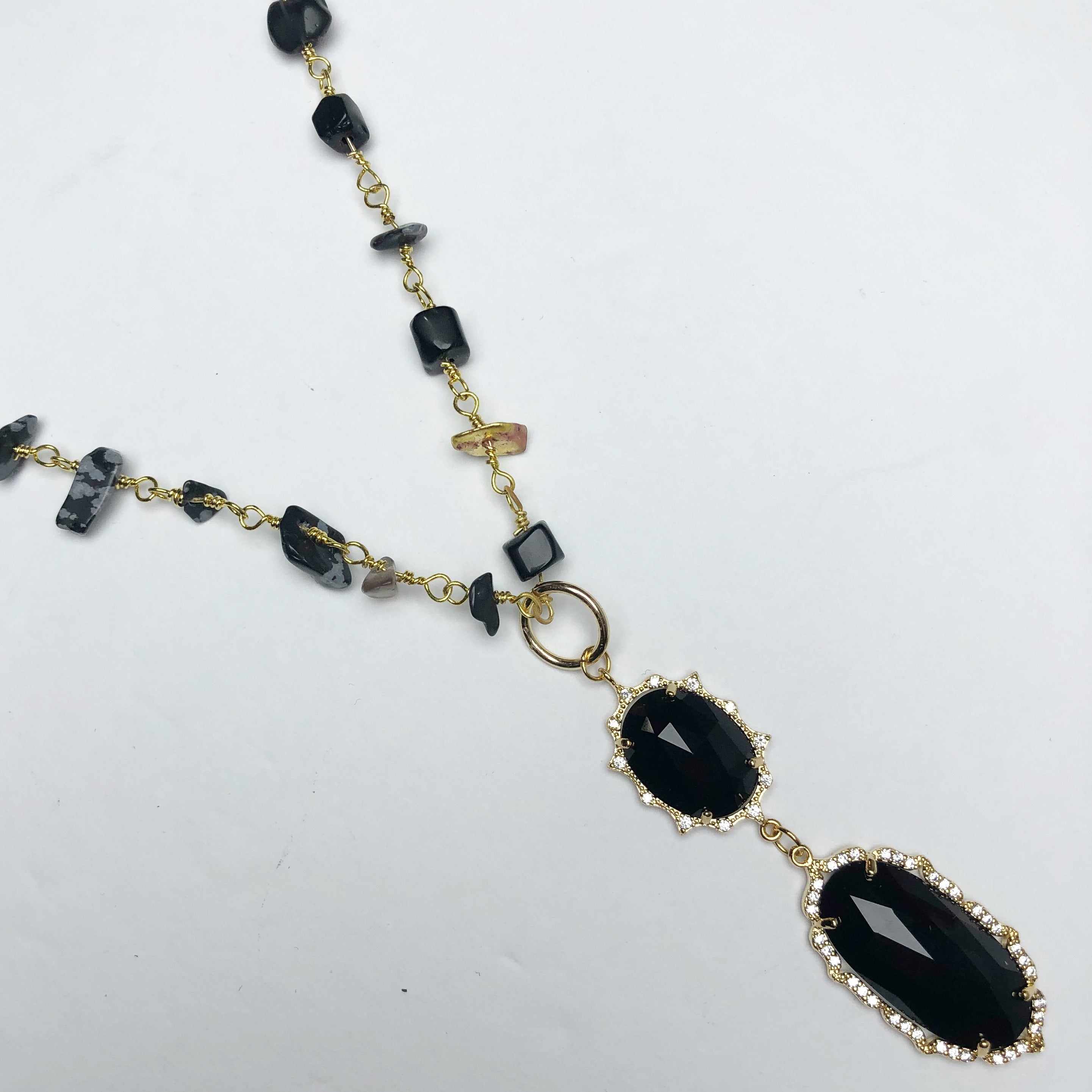 Dalmation Jasper Gemstone Chips Chain with Pavé Black Crystal Pendant