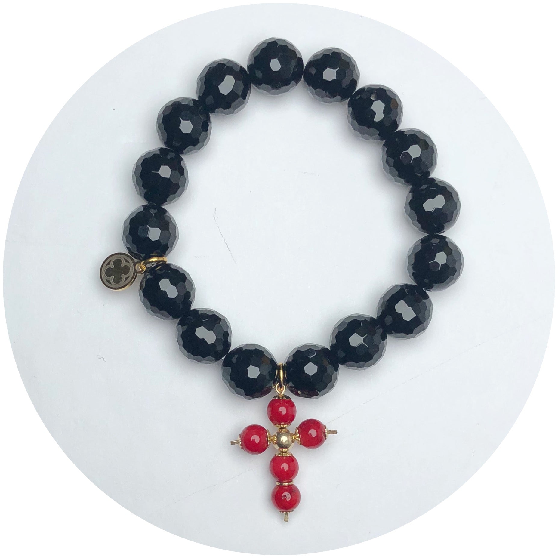 Black Onyx with Red Coral Cross Pendant