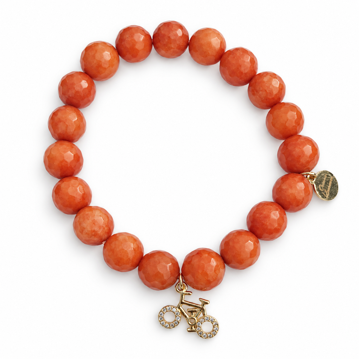 Orange Jade with Gold Pavé Bike Pendant on white studio background